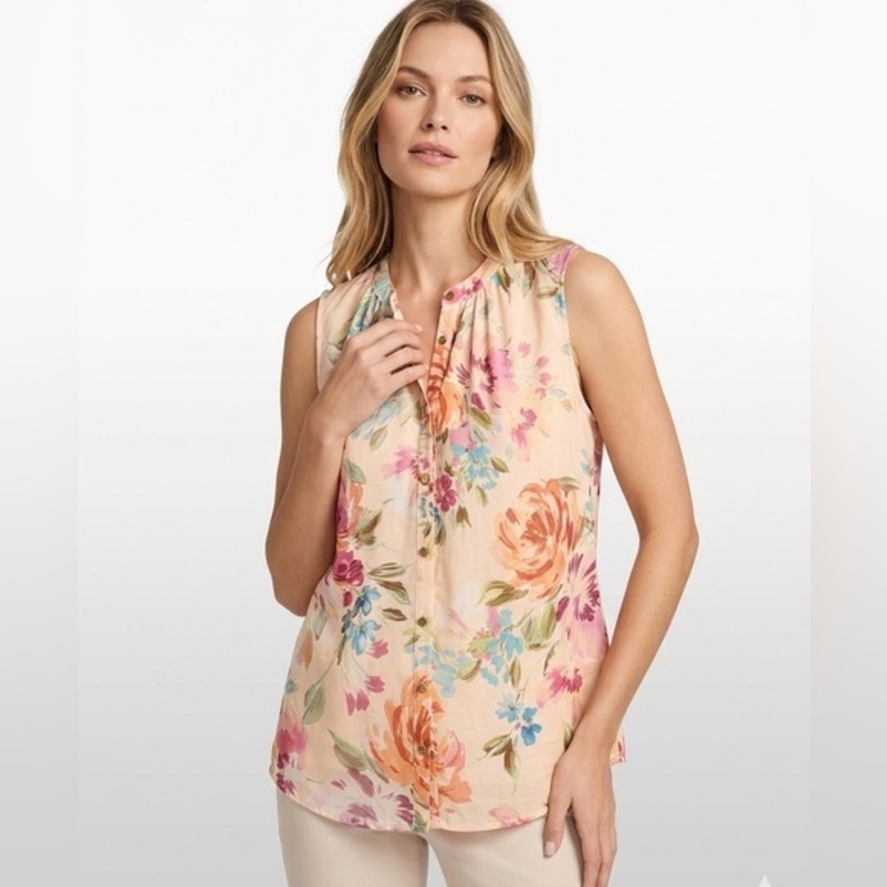 Laura Floral Print Button Down Sleeveless Blouse Size 16